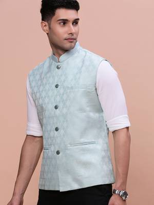 men's woven design sea green slim fit nehru jacket 3