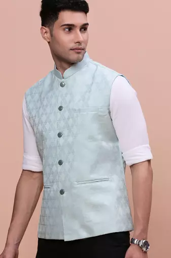 men's woven design sea green slim fit nehru jacket