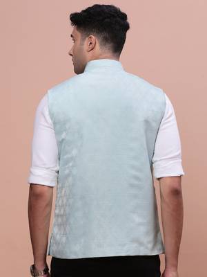 men's woven design sea green slim fit nehru jacket 4
