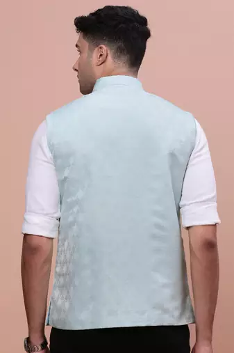men's woven design sea green slim fit nehru jacket