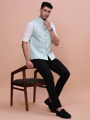 men's woven design sea green slim fit nehru jacket 5