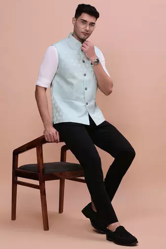 men's woven design sea green slim fit nehru jacket
