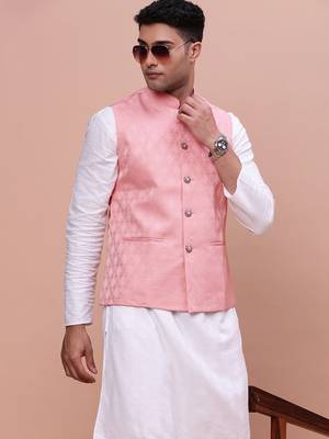 Showoff men's woven design peach slim fit nehru jacket 1