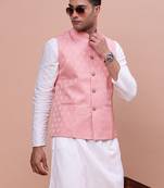 Showoff men's woven design peach slim fit nehru jacket