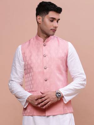 Showoff men's woven design peach slim fit nehru jacket 2