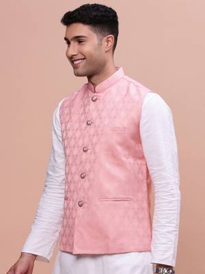 Showoff men's woven design peach slim fit nehru jacket 3