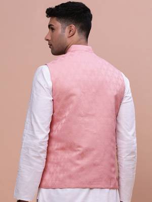 Showoff men's woven design peach slim fit nehru jacket 4