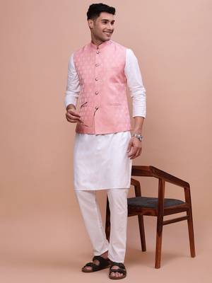 Showoff men's woven design peach slim fit nehru jacket 5