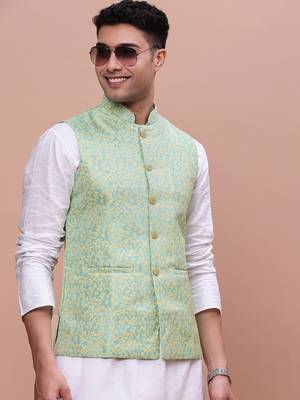 men's woven design green slim fit nehru jacket 1