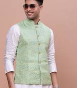 men's woven design green slim fit nehru jacket
