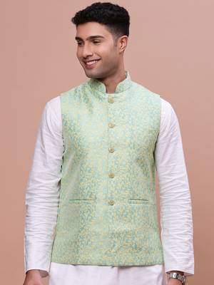 men's woven design green slim fit nehru jacket 2