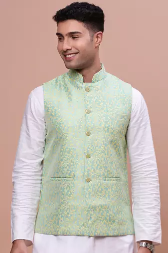 men's woven design green slim fit nehru jacket