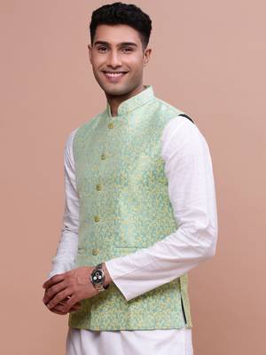 men's woven design green slim fit nehru jacket 3