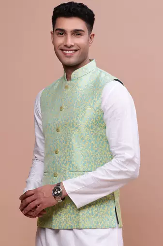 men's woven design green slim fit nehru jacket