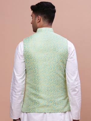 men's woven design green slim fit nehru jacket 4