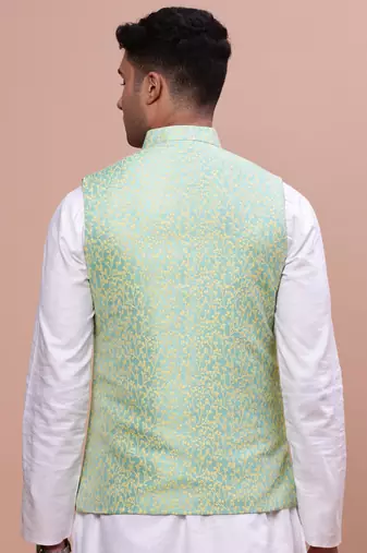 men's woven design green slim fit nehru jacket