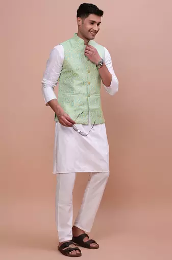 men's woven design green slim fit nehru jacket
