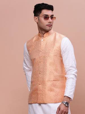 men's woven design orange slim fit nehru jacket 1