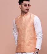 men's woven design orange slim fit nehru jacket