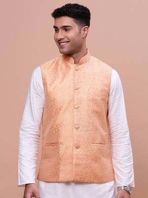 men's woven design orange slim fit nehru jacket 2