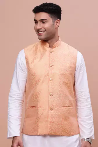 men's woven design orange slim fit nehru jacket
