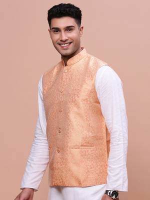 men's woven design orange slim fit nehru jacket 3