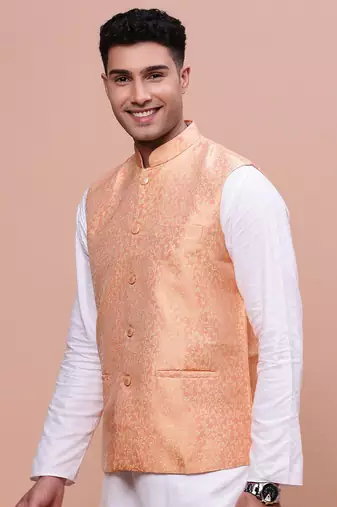men's woven design orange slim fit nehru jacket