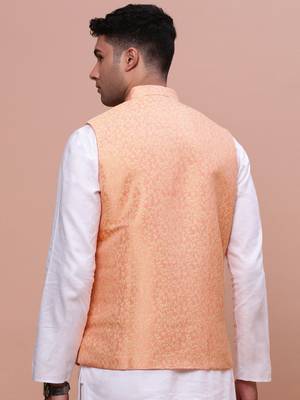 men's woven design orange slim fit nehru jacket 4