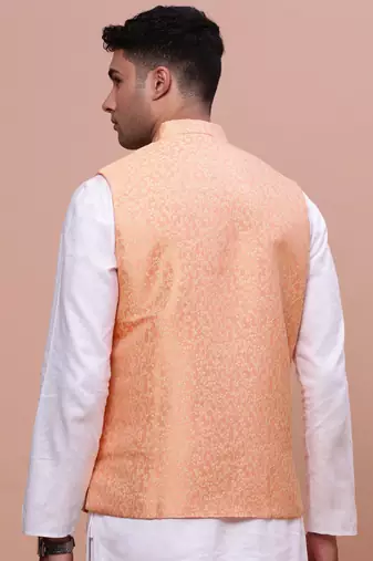 men's woven design orange slim fit nehru jacket