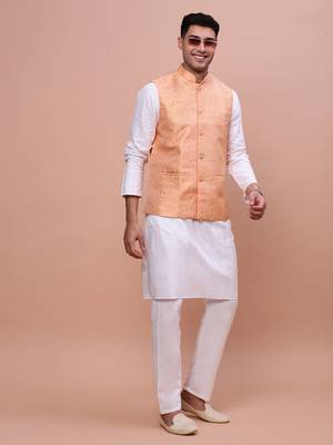 men's woven design orange slim fit nehru jacket 5