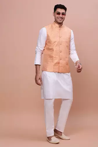 men's woven design orange slim fit nehru jacket