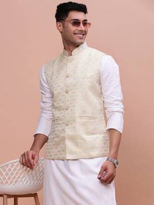 men's woven design cream slim fit nehru jacket 1