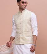 men's woven design cream slim fit nehru jacket