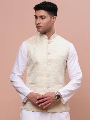 men's woven design cream slim fit nehru jacket 2