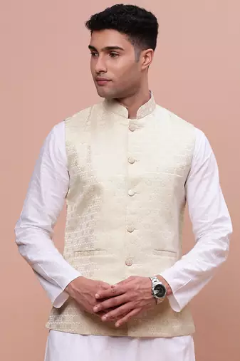 men's woven design cream slim fit nehru jacket