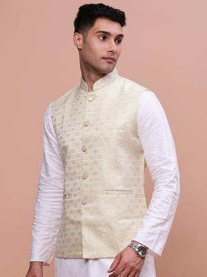 men's woven design cream slim fit nehru jacket 3