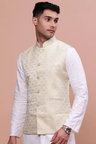 men's woven design cream slim fit nehru jacket