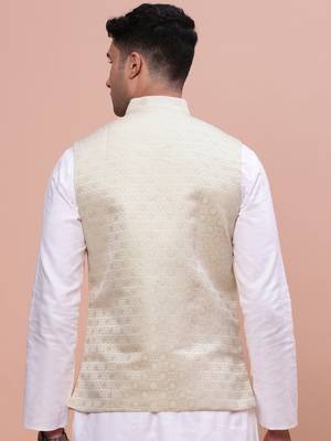 men's woven design cream slim fit nehru jacket 4