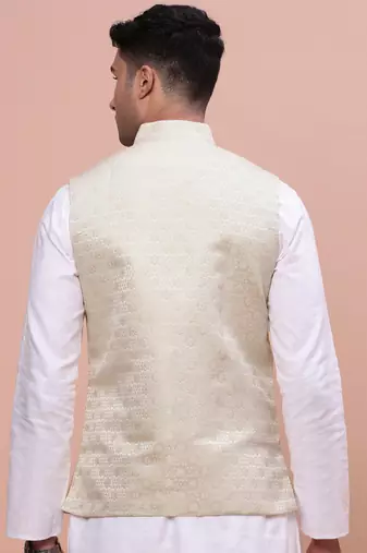 men's woven design cream slim fit nehru jacket