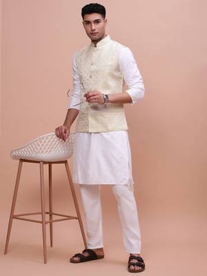 men's woven design cream slim fit nehru jacket 5