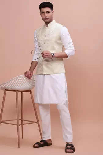men's woven design cream slim fit nehru jacket