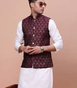 Showoff men's woven design maroon slim fit nehru jacket