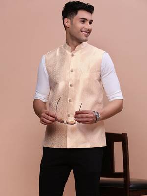 men's woven design cream slim fit nehru jacket 1