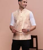 men's woven design cream slim fit nehru jacket