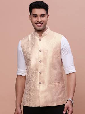 men's woven design cream slim fit nehru jacket 2