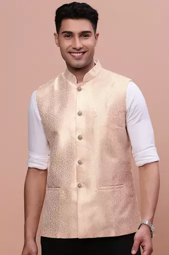 men's woven design cream slim fit nehru jacket