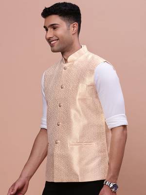 men's woven design cream slim fit nehru jacket 3