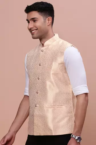 men's woven design cream slim fit nehru jacket