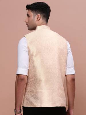 men's woven design cream slim fit nehru jacket 4