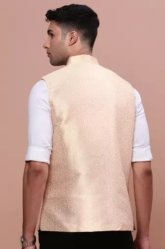 men's woven design cream slim fit nehru jacket